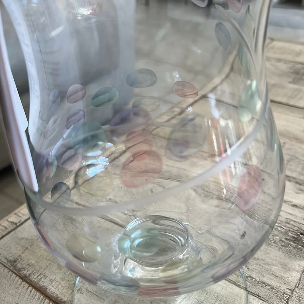 PartyLite Jardiniere footed vase/candle holder with a etched swirl & pastel dots